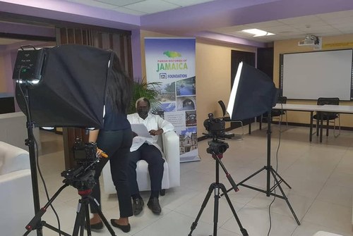 Behind the scenes during a filming session